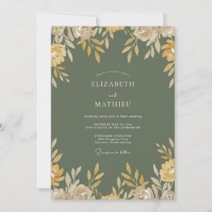 Olivgrüne Wasserfarben-Hochzeit mit floralen Motiv Einladung
