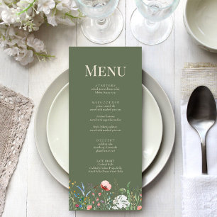 Olivgrüne Wiesenhochzeit-Menükarte mit Wildblumen Menükarte
