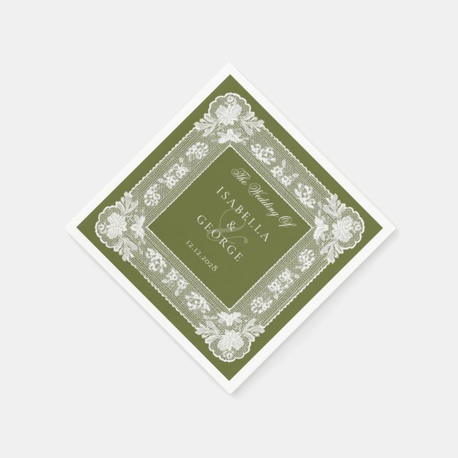 Olivgrüner Deckchen Vintage-Spitze Moderne Hochzei Serviette (Ecke)