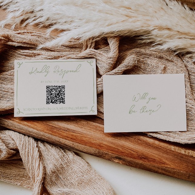 Olivgrüner QR-Code Handgeschriebene Hochzeit RSVP Karte (Von Creator hochgeladen)