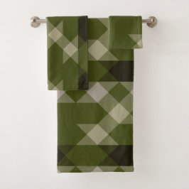 olivgrünes geometrisches Muster Badhandtuch Set