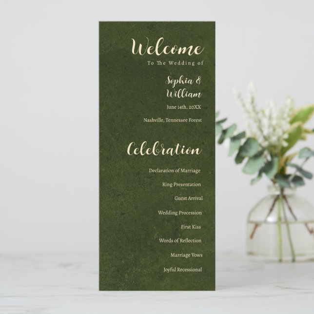 Olivgrünes Hochzeitsprogramm, Trauungszeremonie Programm (Stehend Vorderseite)