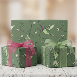 Olivgrünes Kleeblatt-Reben-Kolibri-Muster Geschenkpapier