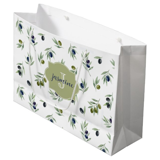 Olivgrünes Monogramm Name Wasserfarbe Chic Muster Große Geschenktüte (Vorderseite Schrägansicht)