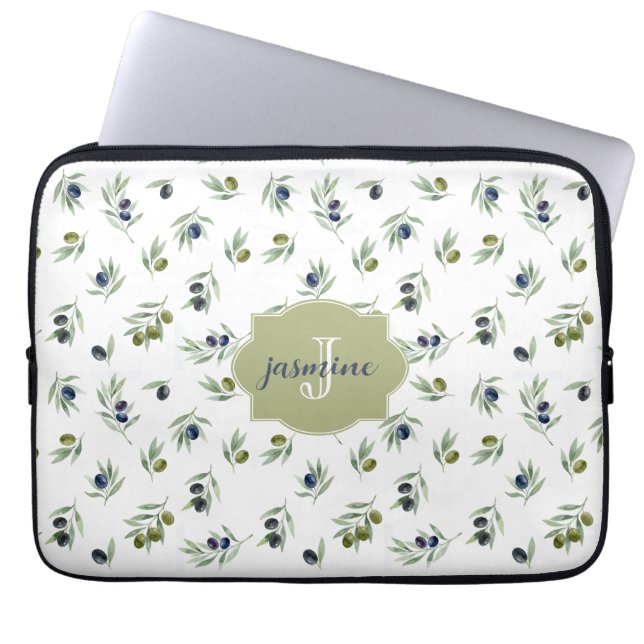 Olivgrünes Monogramm Name Wasserfarbe Chic Muster Laptopschutzhülle (Vorderseite)