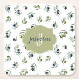 Olivgrünes Monogramm Name Wasserfarbe Chic Muster Rechteckiger Pappuntersetzer