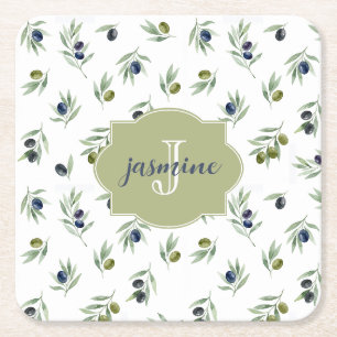 Olivgrünes Monogramm Name Wasserfarbe Chic Muster Rechteckiger Pappuntersetzer