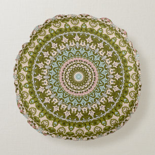 Olivgrünes und Pastell-Mandala-Muster Rundes Kissen