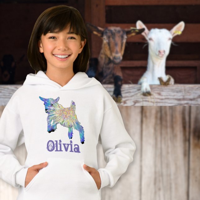 Olivia Add Name Niedlich Baby Goat Farm Animal Art Hoodie (Cute jumping baby goat colorful animal art custom name girls sweatshirt)