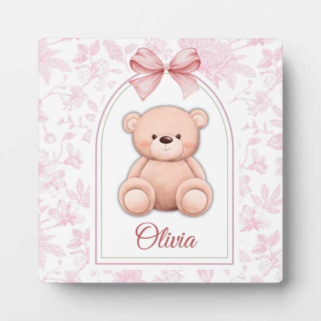 Olivia | Benutzerdefiniertes rosa Teddy-Bär-Kinder Fotoplatte (Vorderseite)