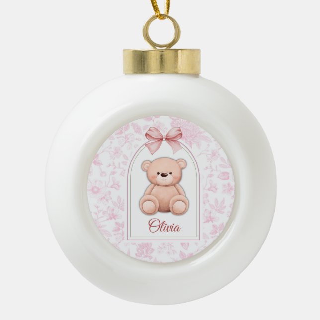 Olivia | Benutzerdefiniertes rosa Teddy-Bär-Kinder Keramik Kugel-Ornament (Vorderseite)