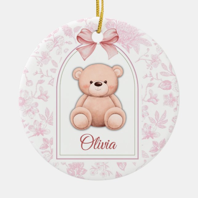 Olivia | Benutzerdefiniertes rosa Teddy-Bär-Kinder Keramik Ornament (Vorne)