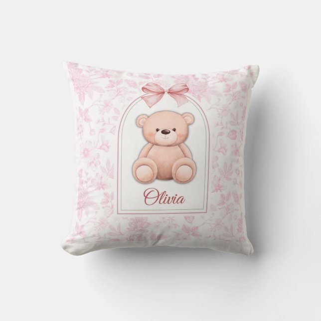 Olivia | Benutzerdefiniertes rosa Teddy-Bär-Kinder Kissen (Vorderseite)