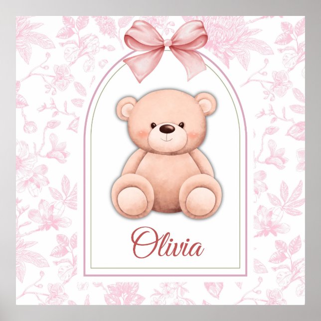 Olivia | Benutzerdefiniertes rosa Teddy-Bär-Kinder Poster (Vorne)