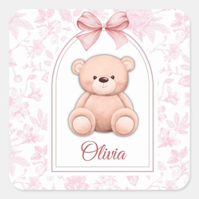 Olivia | Benutzerdefiniertes rosa Teddy-Bär-Kinder Quadratischer Aufkleber (Vorderseite)
