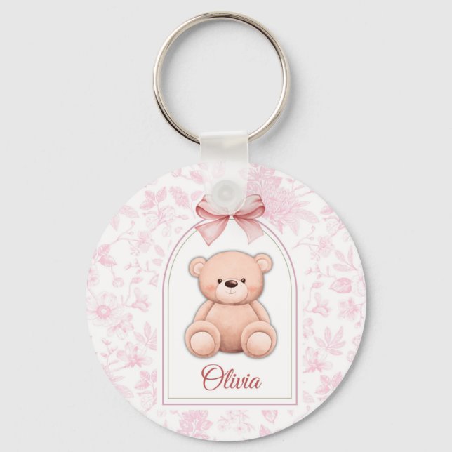 Olivia | Benutzerdefiniertes rosa Teddy-Bär-Kinder Schlüsselanhänger (Vorderseite)