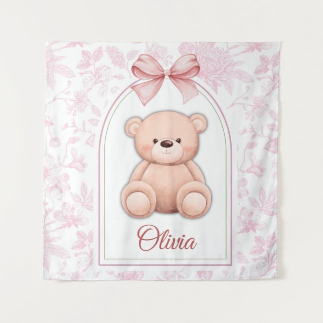 Olivia | Benutzerdefiniertes rosa Teddy-Bär-Kinder Wandteppich (Vorderseite)