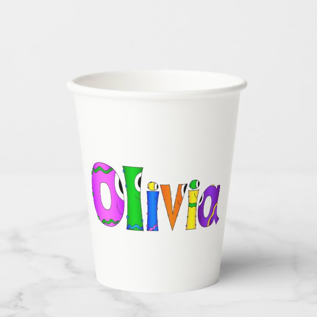 "Olivia" Cartoon-Zeichenname Pappbecher (Vorderseite)