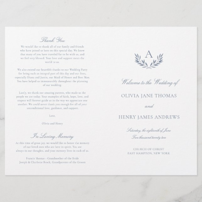 Olivia Elegant Dusty Blue Folded Wedding Program (Vorderseite)