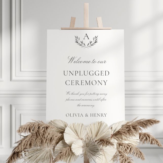 Olivia Elegant Unplugged Wedding Ceremony Sign Poster (This elegant, 11x14 unplugged ceremony sign features your monogram and gray text)