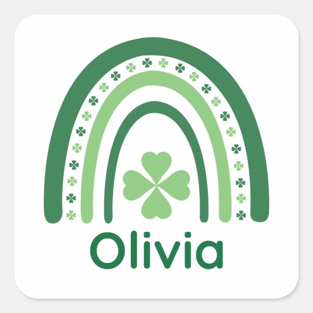 Olivia Name Clover Boho Rainbow Quadratischer Aufkleber (Vorderseite)