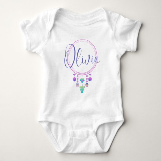 Olivia Name Reveal Girl Whimsical Niedlich Hippy B Baby Strampler (Vorderseite)