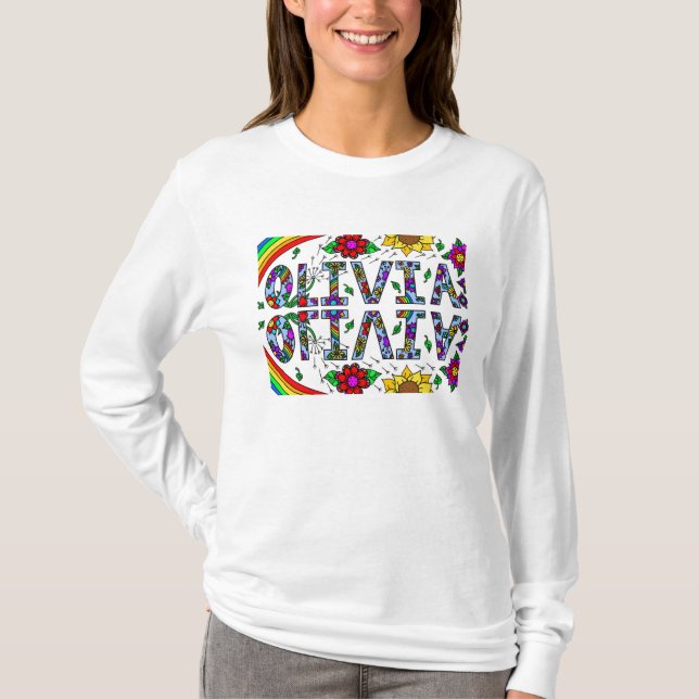Olivia, Nom de la fille Whimsical Folk Art T-Shirt (Devant)