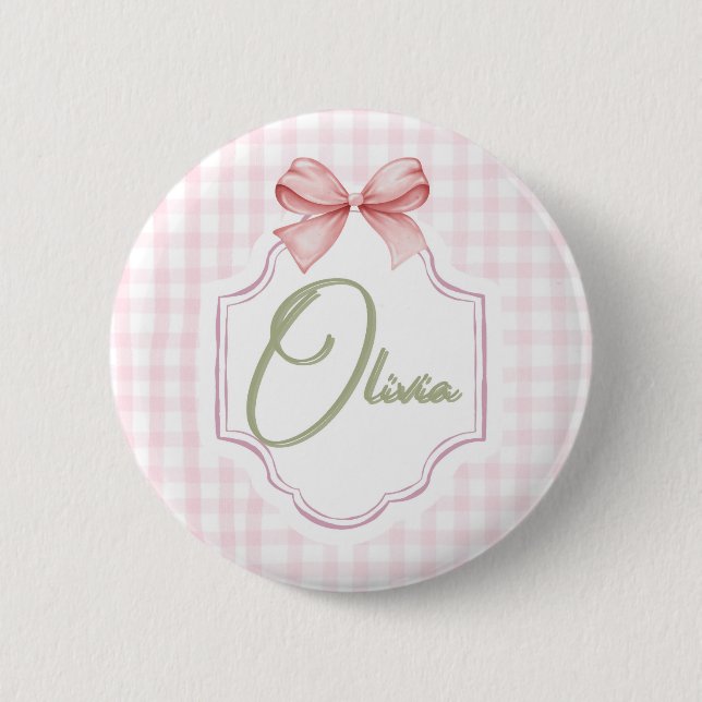 Olivia Personalisiert Pink Bow & Gingham Print Button (Vorderseite)