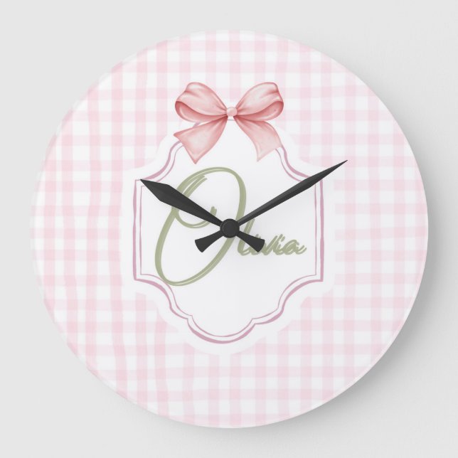 Olivia Personalisiert Pink Bow & Gingham Print Große Wanduhr (Vorderseite)