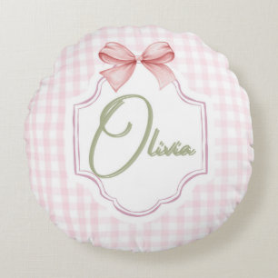 Olivia Personalisiert Pink Bow & Gingham Print Rundes Kissen