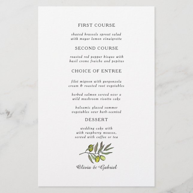 Olivier vert. Menu simple et moderne mariage (Devant)