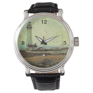 Ölmalerei an der Küste nautischer Strand Leuchttur Armbanduhr