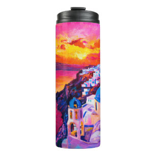  Ölmalerei auf Leinwand. Sonnenuntergang über der  Thermosbecher