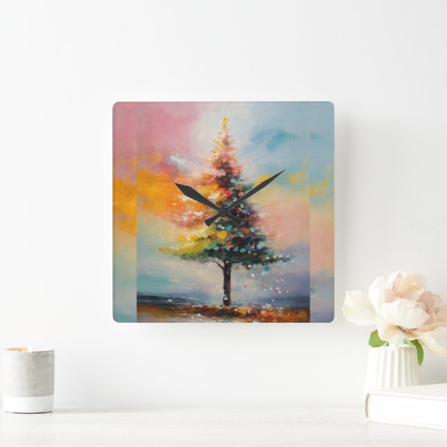Ölmalerei auf Weihnachtsbaum Quadratische Wanduhr (Zuhause)