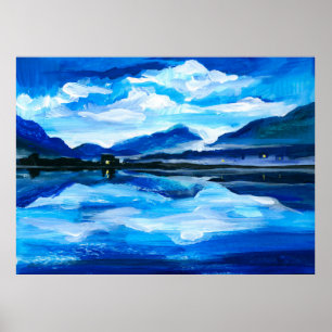 Ölmalerei der Dämmerung auf dem Bergsee. Al Poster