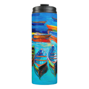 Ölmalerei von Booten und Meer auf der Leinwand. S Thermosbecher