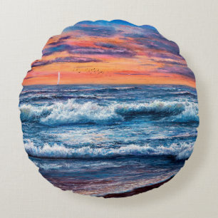  Ölmalerei von Ozean und Strand auf Leinwand. Rich Rundes Kissen