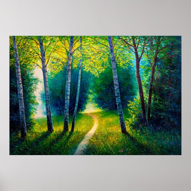 Ölmalerei Waldlandschaft, schöne Sonnenstrahlen Poster (Vorne)