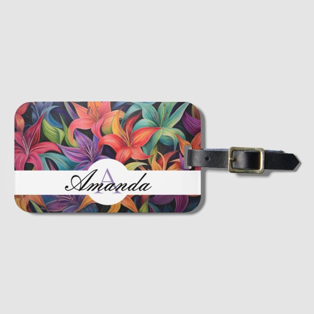 Ölpastel farbiges Lilienmuster Blume Monogrammiert Gepäckanhänger (Vorderseite (Horizontal))