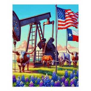 Ölpumpe und einsame Rinder in Texas Poster