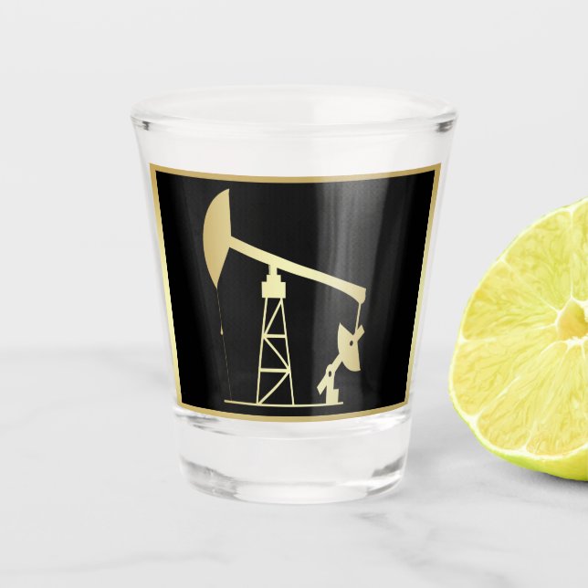 Ölquelle-Pumpen-Jack-Schwarzes und Gold Schnapsglas (Vorderseite)