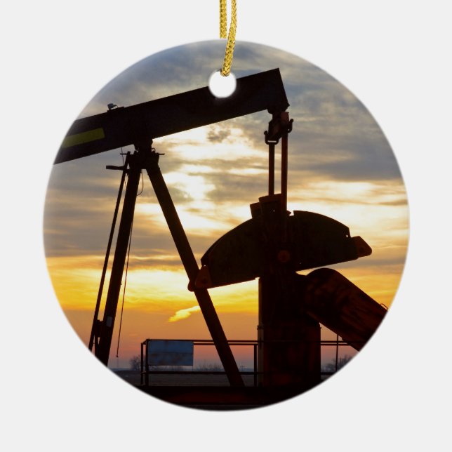 Ölquelle-Pumpen-Jack-Sonnenaufgang Keramik Ornament (Vorne)