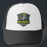 Olympischer Nationalpark Illustration Retro Truckerkappe<br><div class="desc">Olympisches Vektordesign. Der Park erstreckt sich über verschiedene Ökosysteme,  von den dramatischen Gipfeln der olympischen Berge bis hin zu den alten Wäldern.</div>