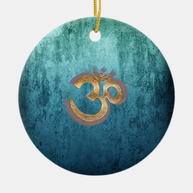 OM blue brass gold damask Asia Yoga Spiritualität Keramik Ornament (Vorne)