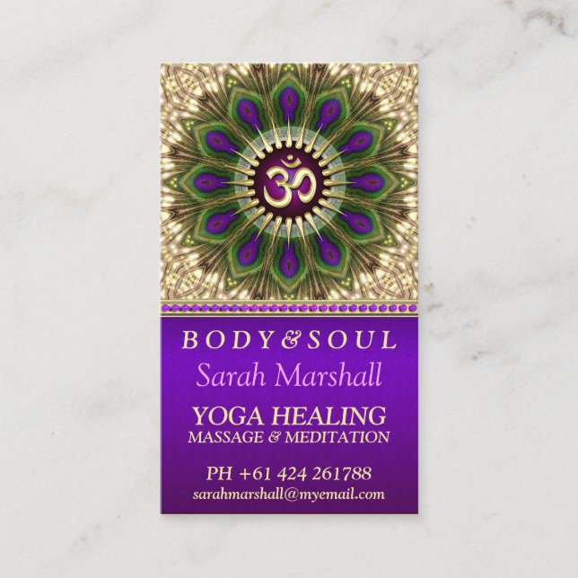 OM Holistic Royal Lila+Green Peacock Mandala Visitenkarte (Vorderseite)