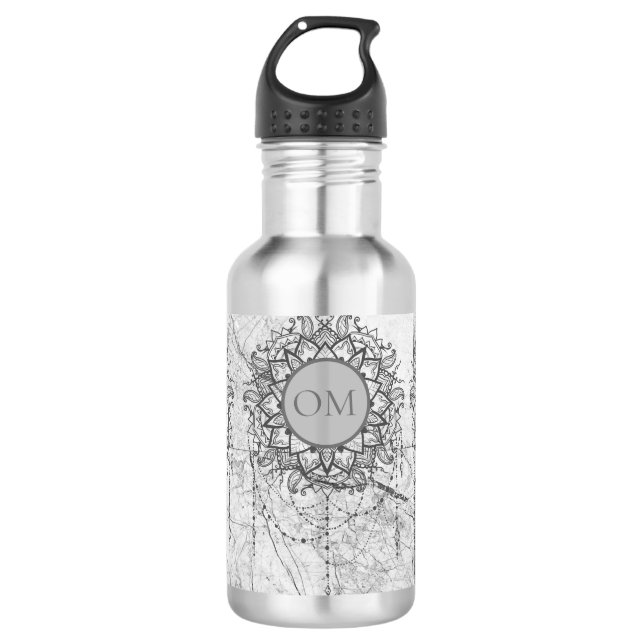 OM Mandala auf Silbermarmor Edelstahlflasche (Vorderseite)