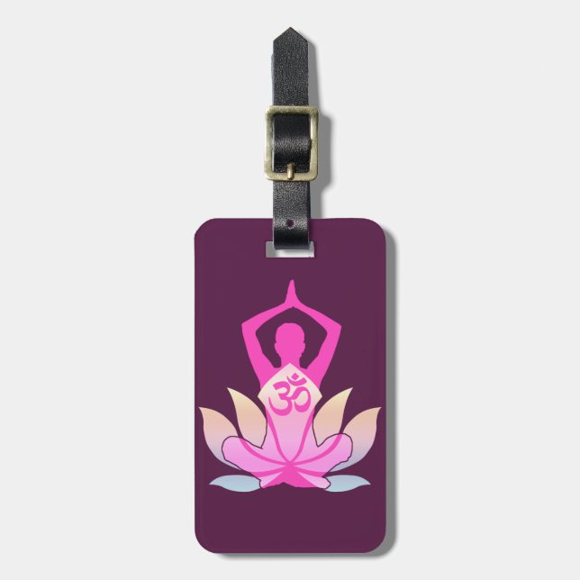 OM Namaste Spirituelle Lotus Blume Yoga auf Lila Gepäckanhänger (Vorderseite vertikal)