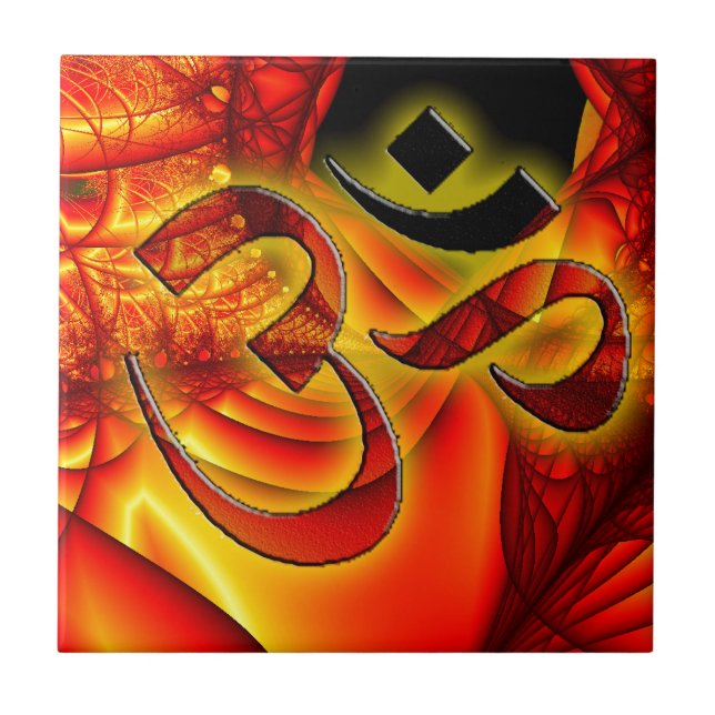 Om OM auf dem Fraktal rot und gelb Fliese (Vorderseite)