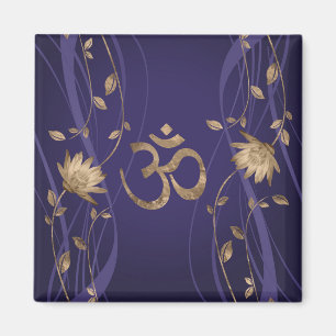 OM-Symbol-goldene Lotos-Blumen auf Lila Magnet