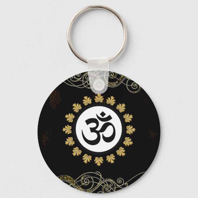 Om Symbol Mantra Meditation Schwarz und Gold Schlüsselanhänger (Vorderseite)